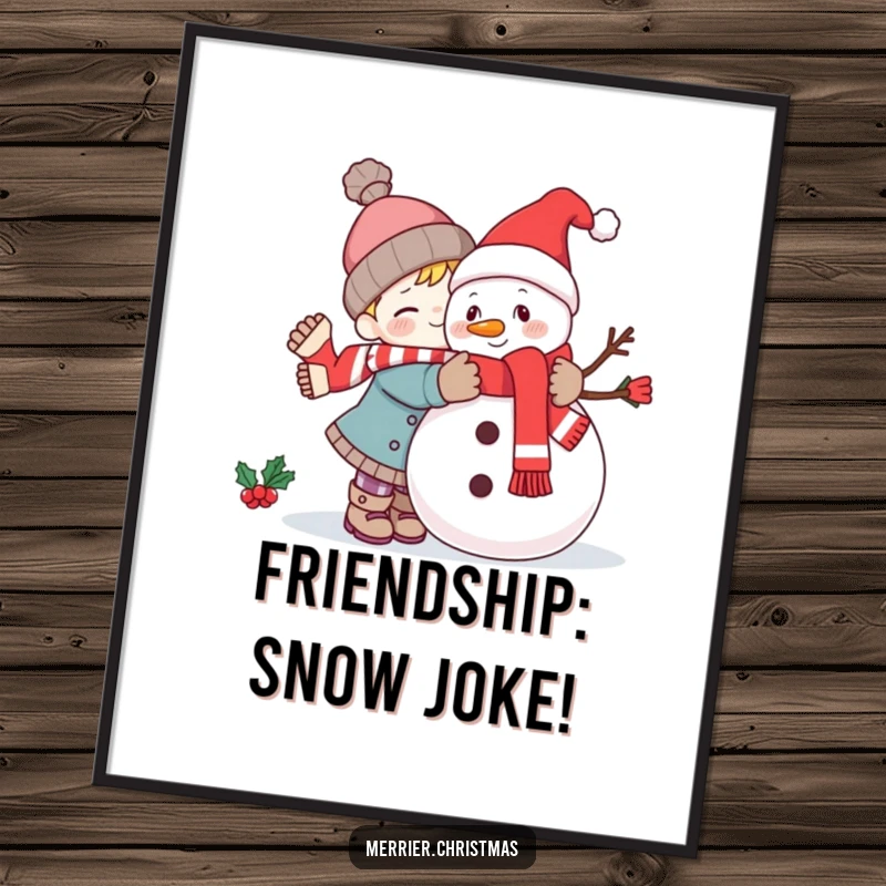 Funny Free Printable Wall Art: A kawaii character shares a big, festive hug with a smiling snowman, creating a heartwarming scene.
