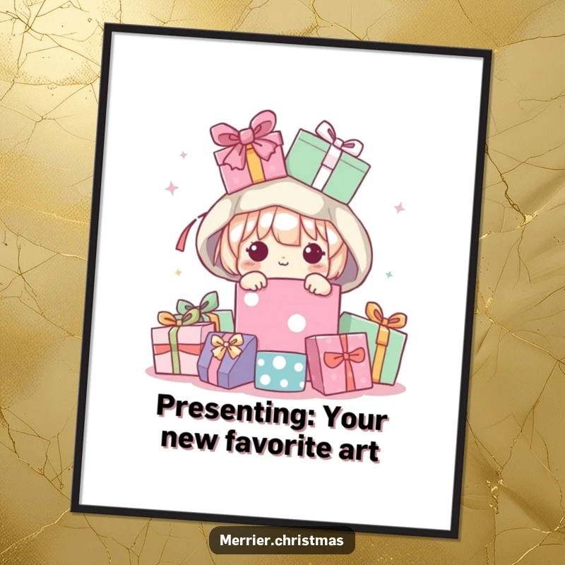 Funny Free Printable Kawaii Wall Art: Cute character peeking from under a mountain of gifts, bringing playful charm to any space.