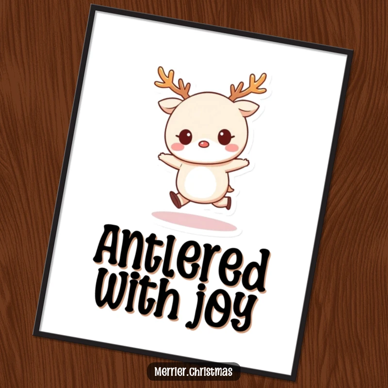 Funny Free Printable Kawaii Wall Art: Kawaii character wearing reindeer antlers, doing a happy skip, embodying holiday fun and playful spirit.