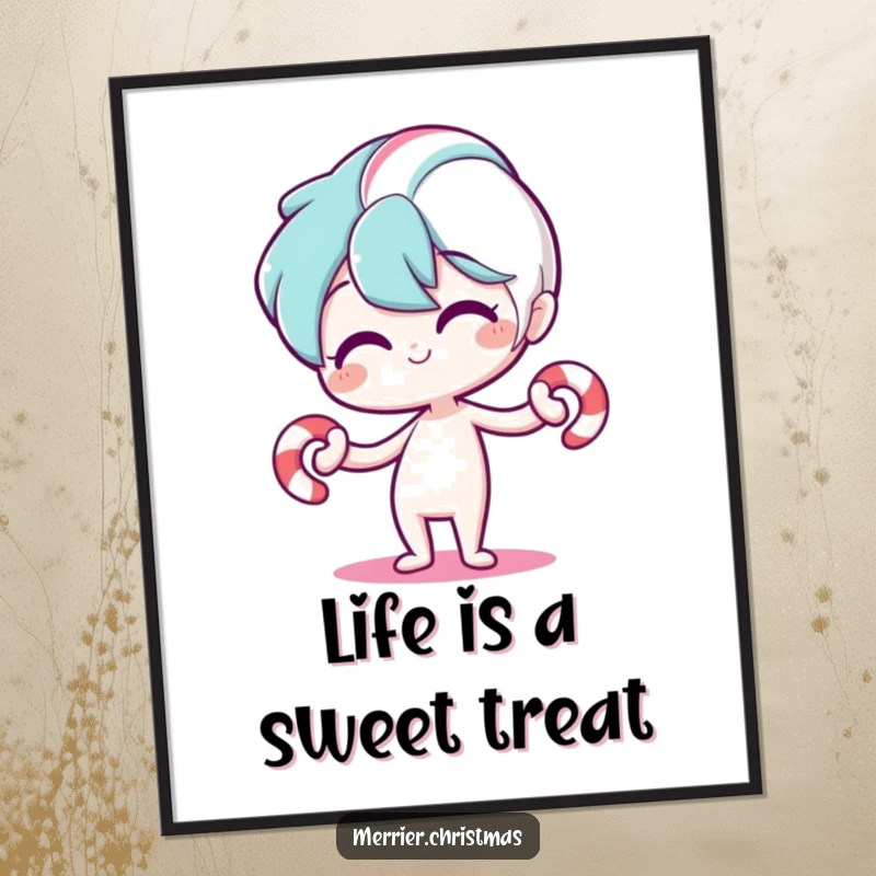 Funny Free Printable Wall Art: Stylized candy cane character bending playfully, bringing a sweet and humorous artistic touch.