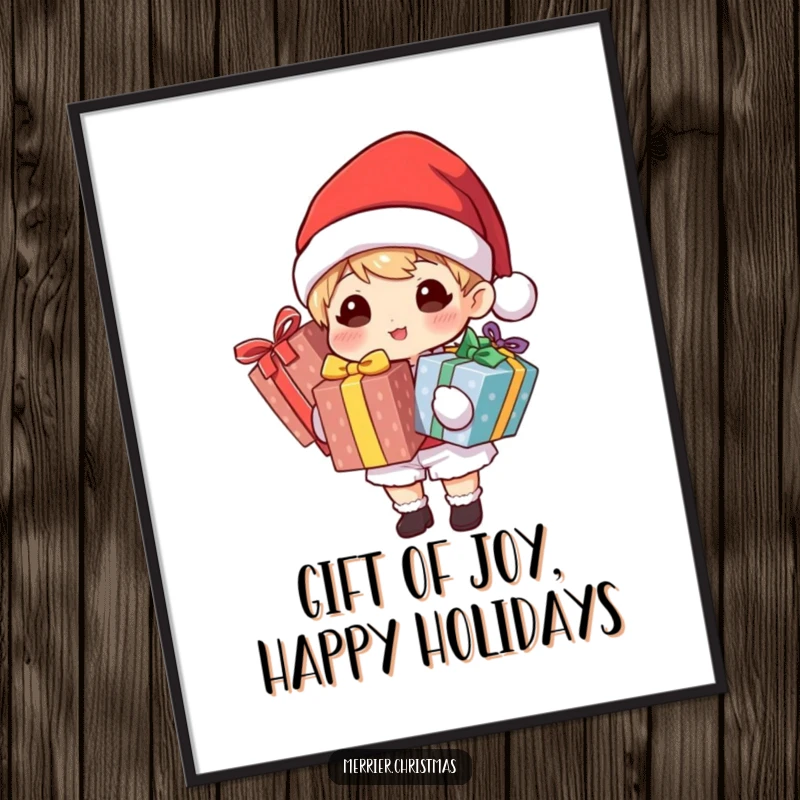 Funny Free Printable Wall Art featuring a character wearing a Santa hat, holding multiple brightly wrapped gifts, spreading festive joy.