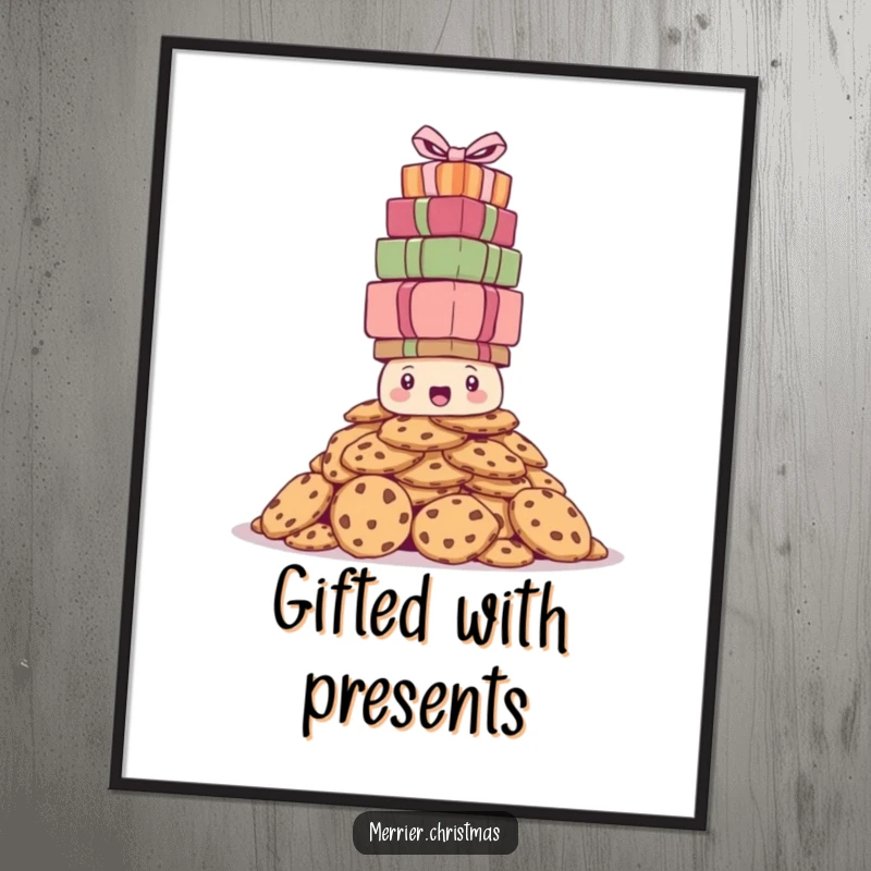 Funny Free Printable Wall Art depicting a bewildered cookie pile struggling under a mountain of presents, whimsical decor.