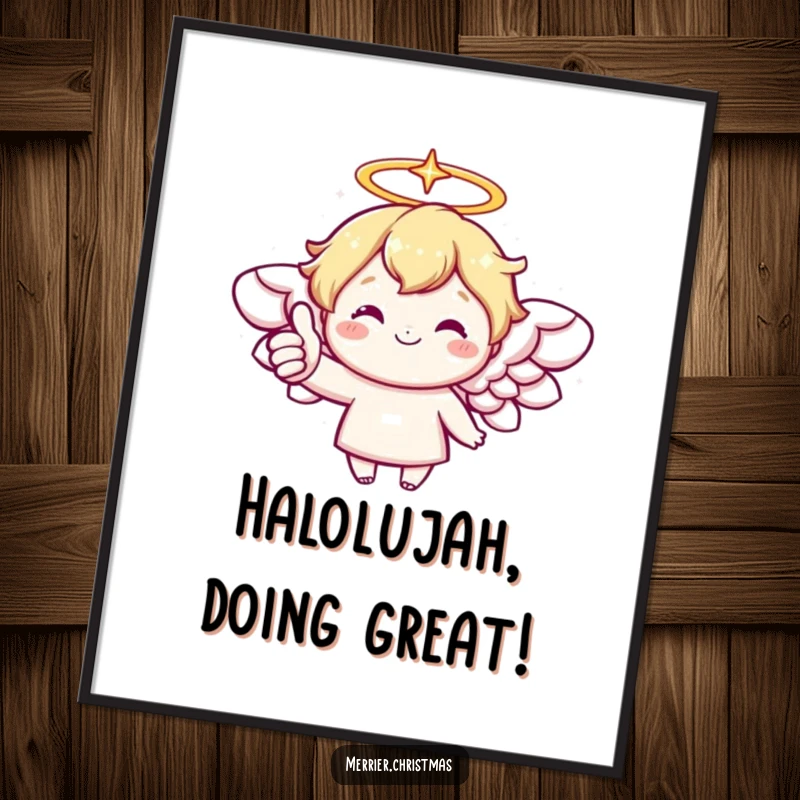 Funny Free Printable Wall Art: Adorable kawaii angel with a sparkling halo giving a cheerful, encouraging thumbs up.