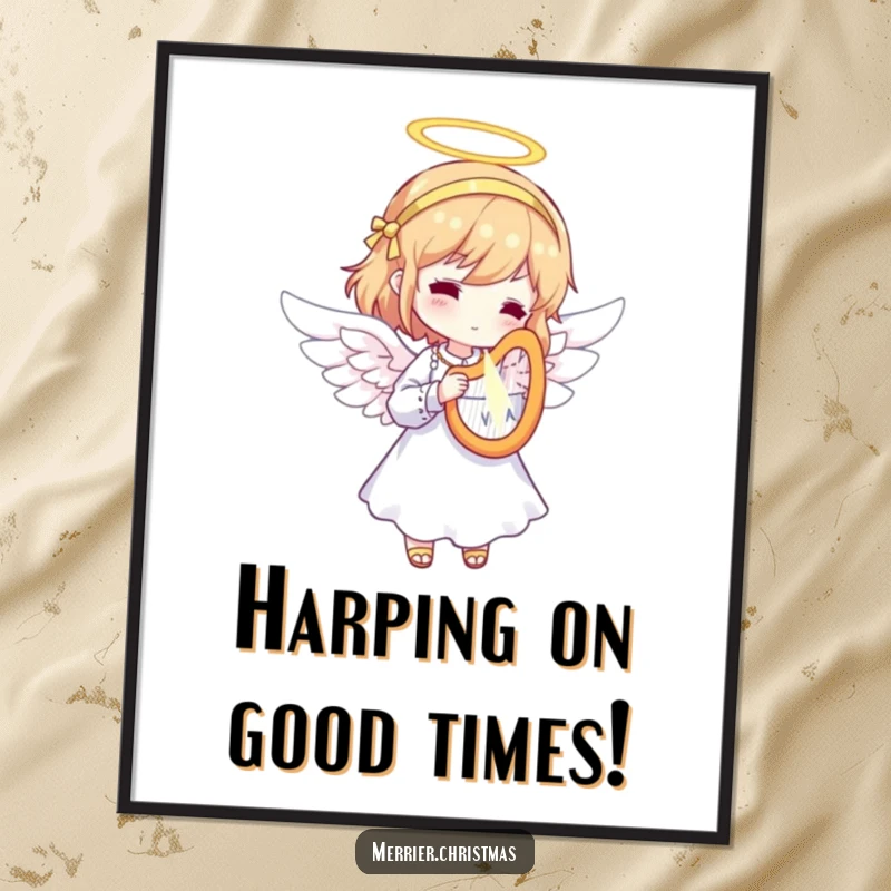Funny free printable wall art depicting an angel in serene repose, playing a tiny, radiant harp with a gentle, knowing smile.
