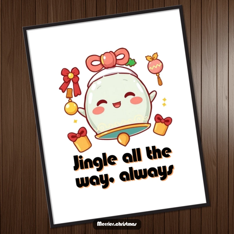 Funny free printable wall art of a cheerful bell character radiating jingles and festive vibes, perfect for any room.