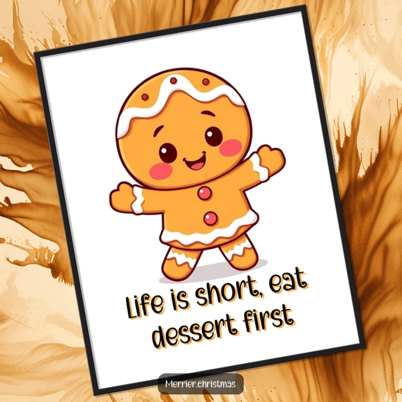 Funny Free Printable Gingerbread Character Wall Art, dancing joyfully with detailed icing patterns.