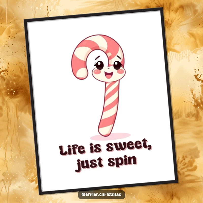 Funny Free Printable Wall Art: A happy candy cane doing a cheerful little spin, adding sweetness.