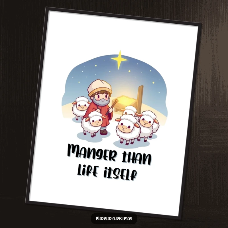 Funny Free Printable Wall Art: A kawaii shepherd joyfully leads a flock of fluffy sheep towards a bright, welcoming light, full of charm.