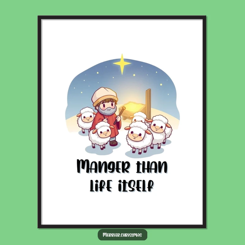 Free Printable Wall Art: Humorous Kawaii Shepherd Guiding Sheep, Adorable Laughable Downloadable Art
