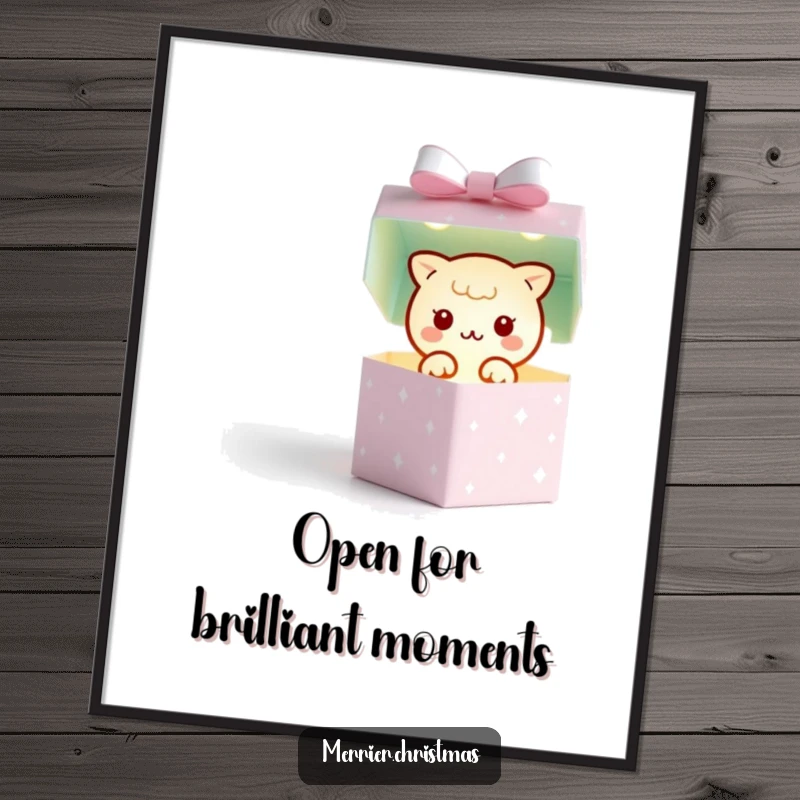 Funny Free Printable Wall Art of a kawaii gift box opening to reveal a tiny, twinkling light, adding a magical sparkle to the room.