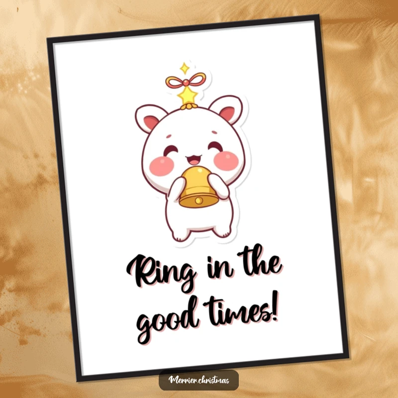 Funny Free Printable Wall Art: Kawaii character with rosy cheeks holding a sparkling bell, smiling, humorous downloadable art.