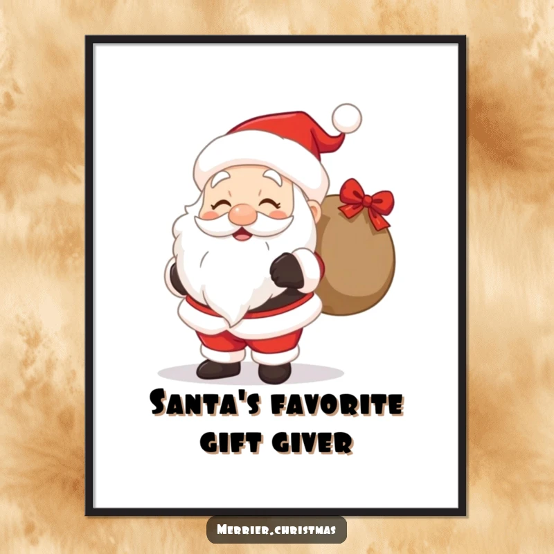 Funny Free Printable Wall Art of a cute Santa Claus grinning, holding a gift bag, bringing holiday cheer to any room.