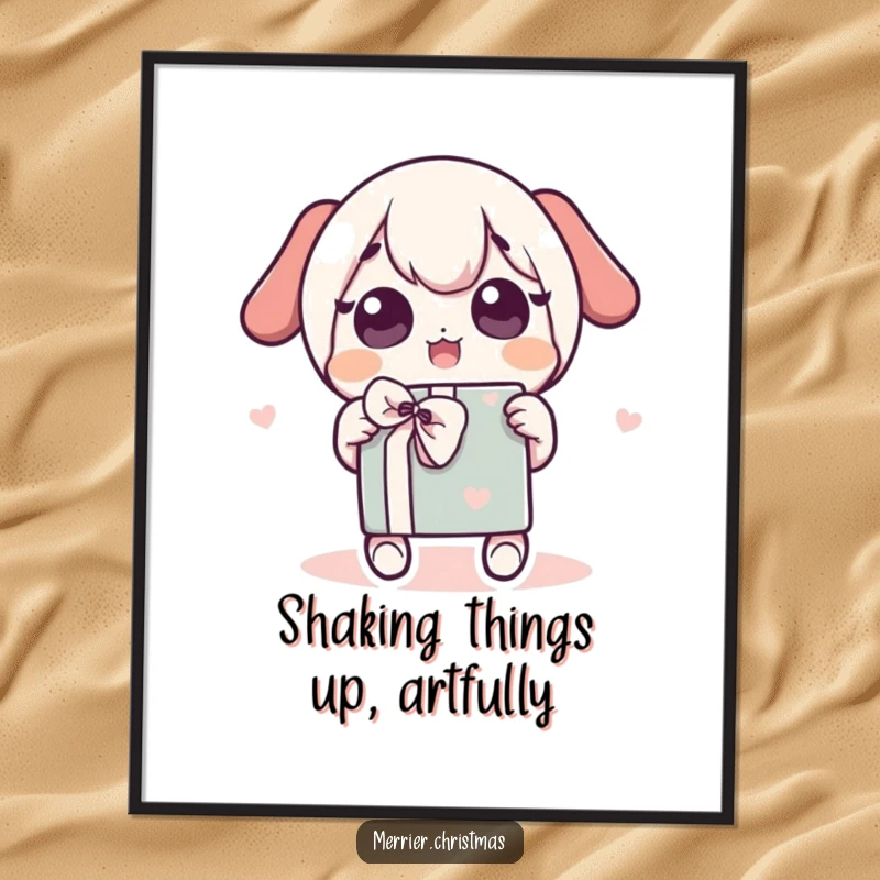 Funny Free Printable Kawaii Wall Art: Kawaii character shaking a gift box with wide, excited eyes, radiating infectious joy and fun.