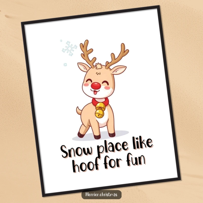 Funny Free Printable Wall Art: Kawaii reindeer wearing a jingle bell collar, gleefully tossing a snowflake.