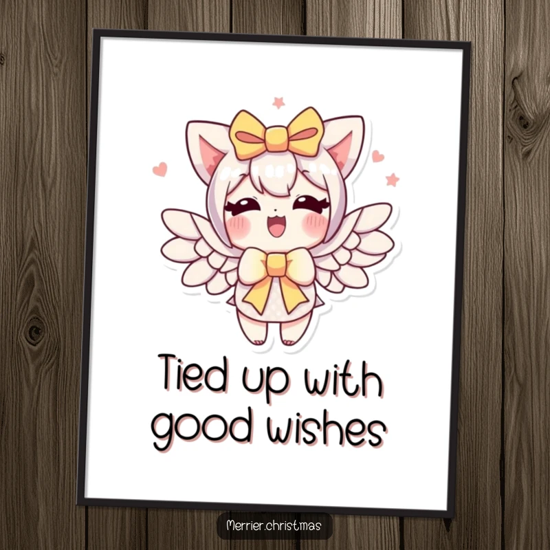 Funny Free Printable Wall Art: A gift bow character sprouting wings, symbolizing freedom and joyful expression.