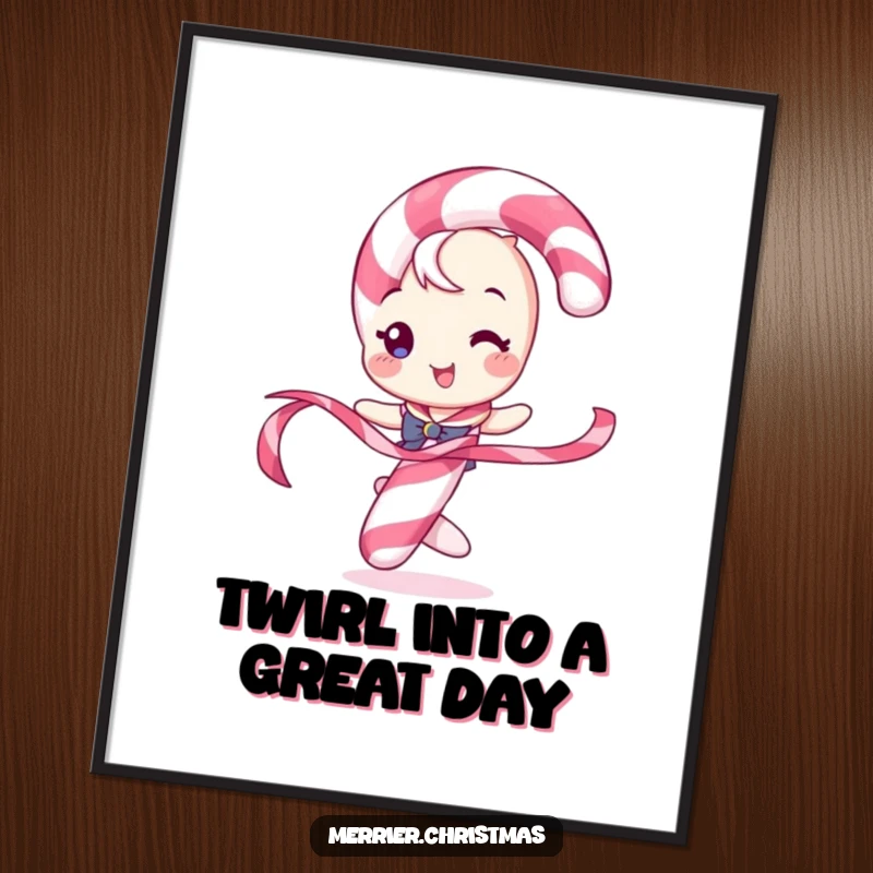 Funny Free Printable Wall Art: A candy cane character humorously twirls a ribbon with a festive flair.