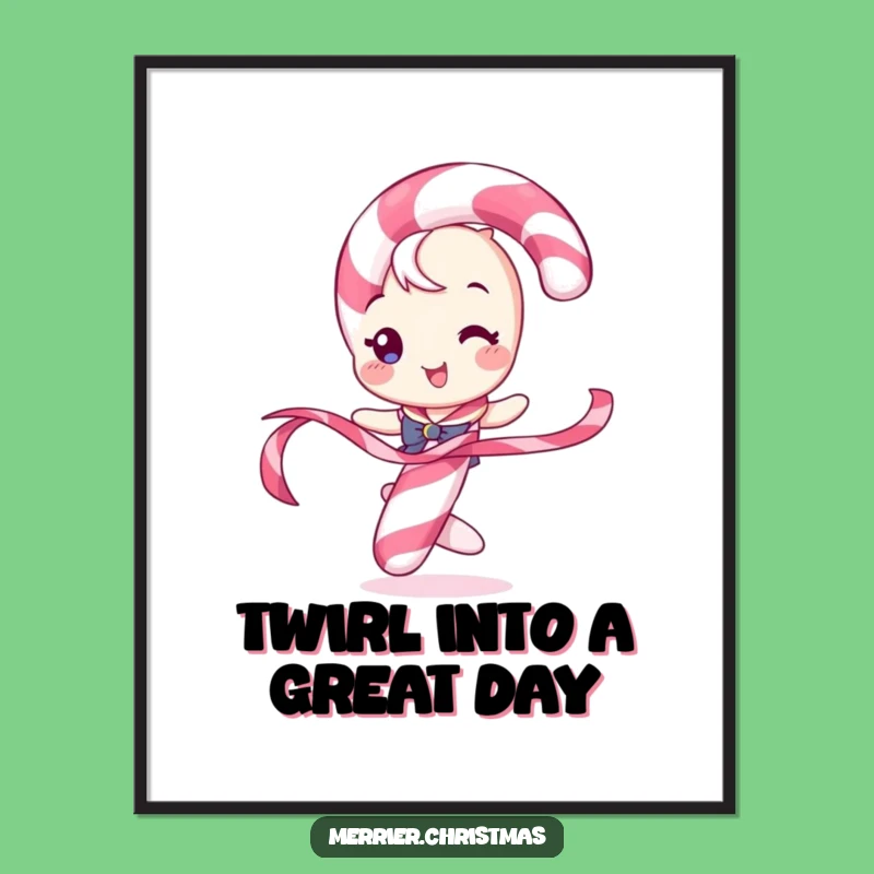 Free Printable Wall Art: Funny Candy Cane Twirling a Ribbon Playfully