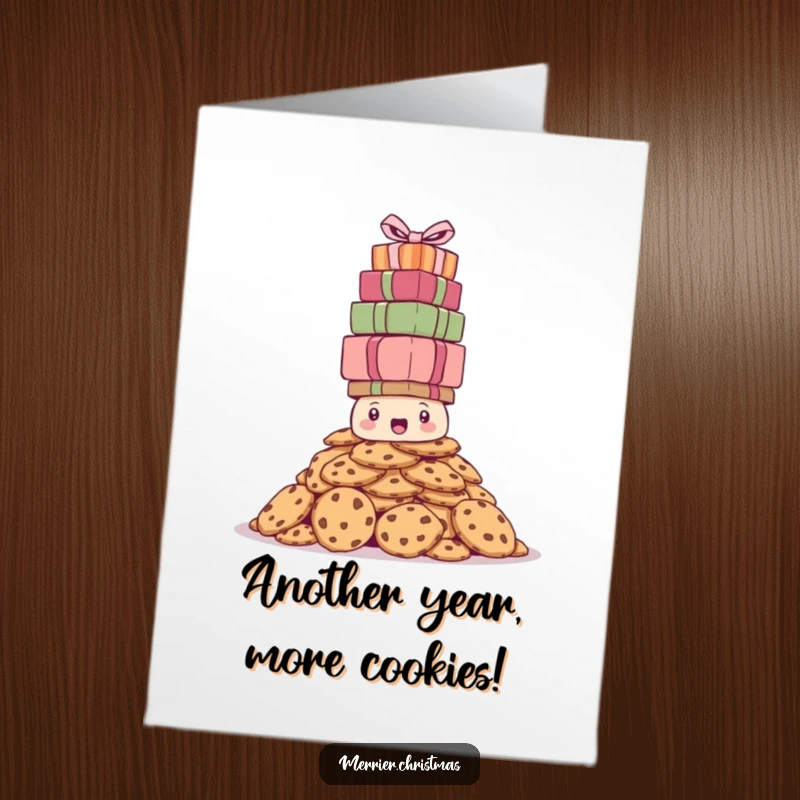 Funny Free Printable Birthday Card featuring a bewildered cookie stack precariously balancing gifts, a great laugh.