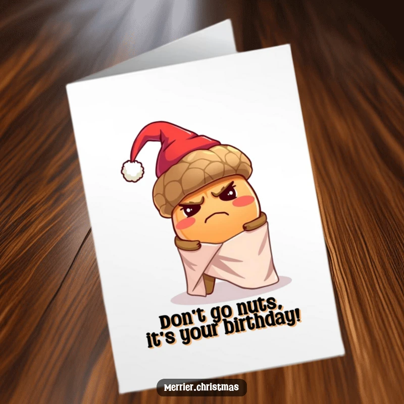 Funny Free Printable Birthday Card featuring a grumpy acorn in a Santa hat struggling to wrap itself, holiday humor.