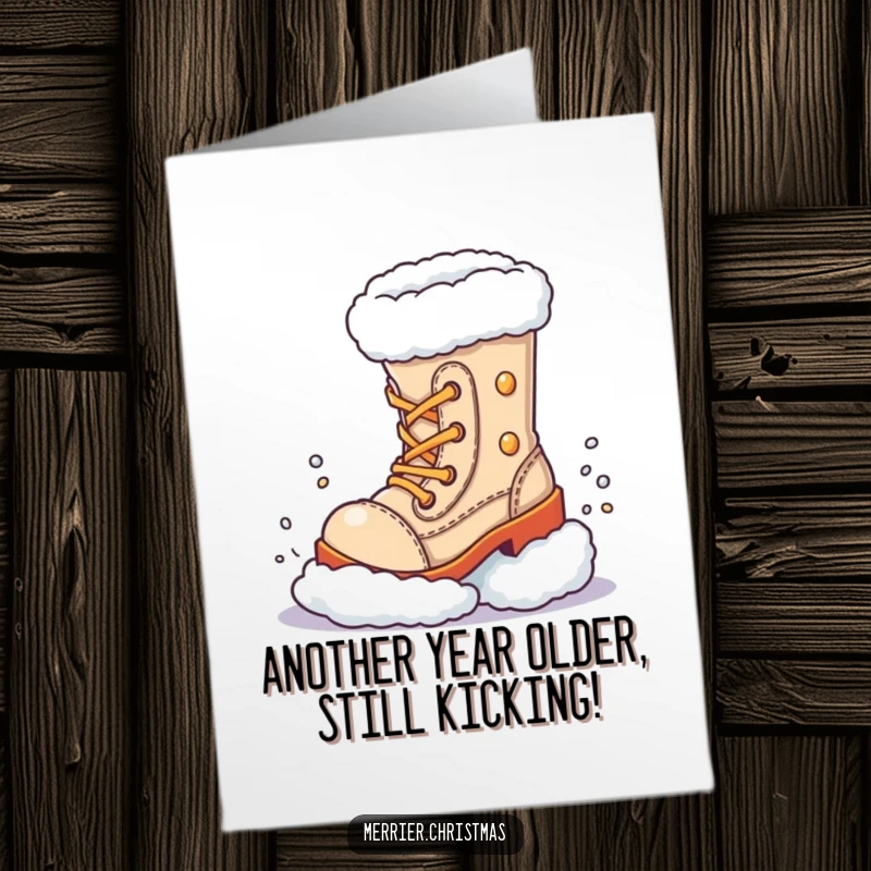 Funny Free Printable Birthday Card: Festive boot character joyfully kicking up a snow puff, spreading winter birthday cheer.