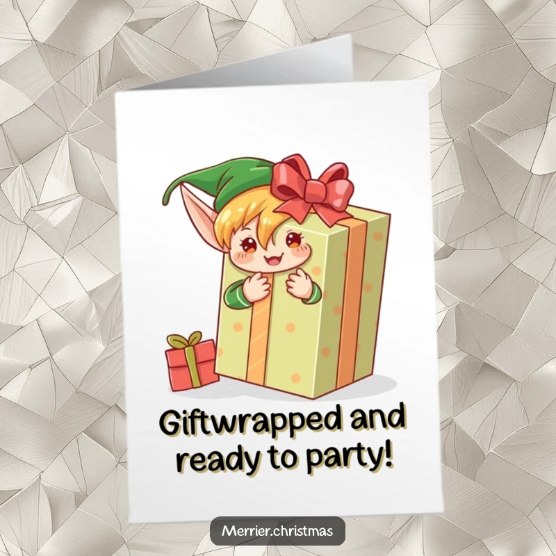 Funny Free Printable Birthday Card: An energetic elf struggles humorously while wrapping an enormous present.