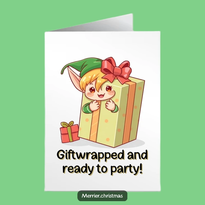 Free Printable Birthday Card: Elf Wrapping Huge Gift with Zeal