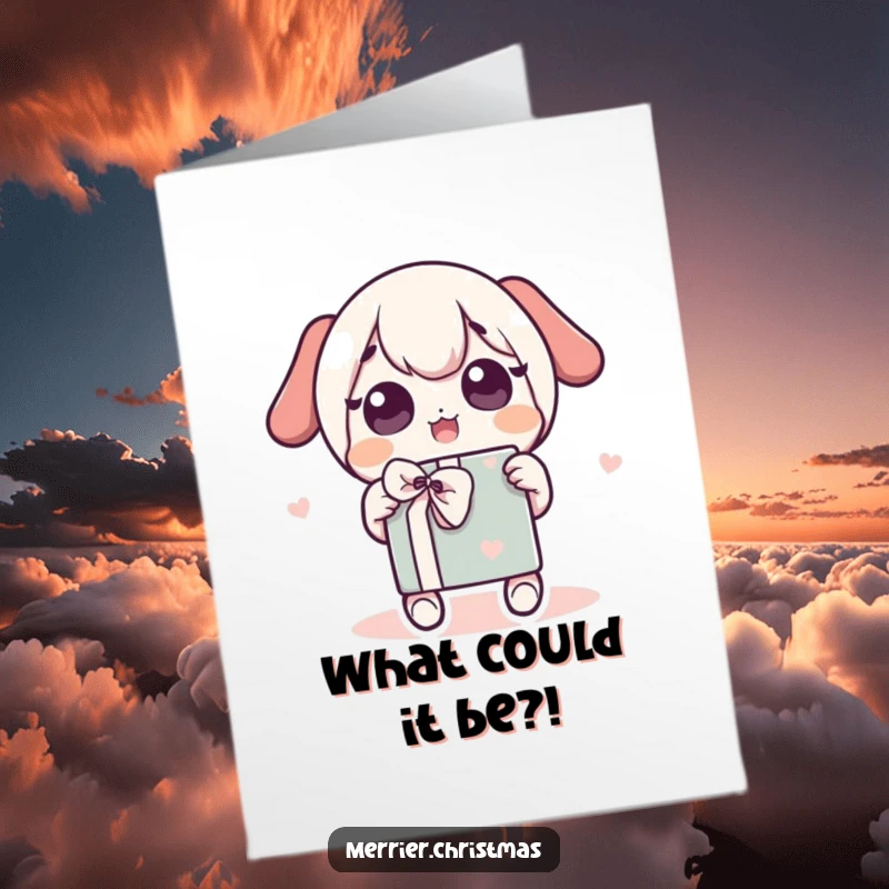 Funny Free Printable Birthday Card: Kawaii character shaking a present with wide, excited eyes, embodying birthday anticipation, a great DIY gift.