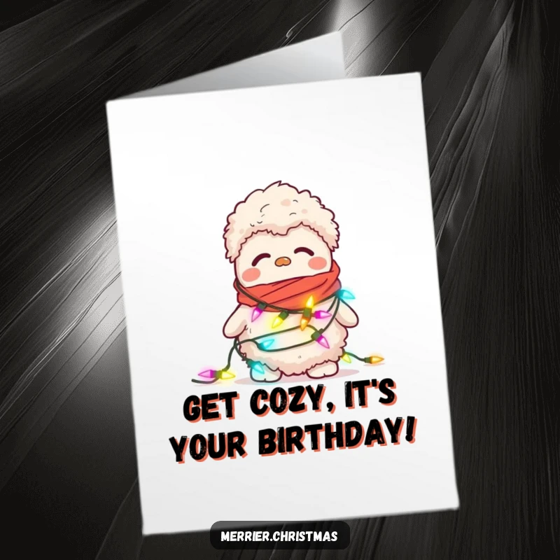 Funny Free Printable Birthday Card featuring a fuzzy slipper wearing Christmas lights like a scarf, cozy humor.