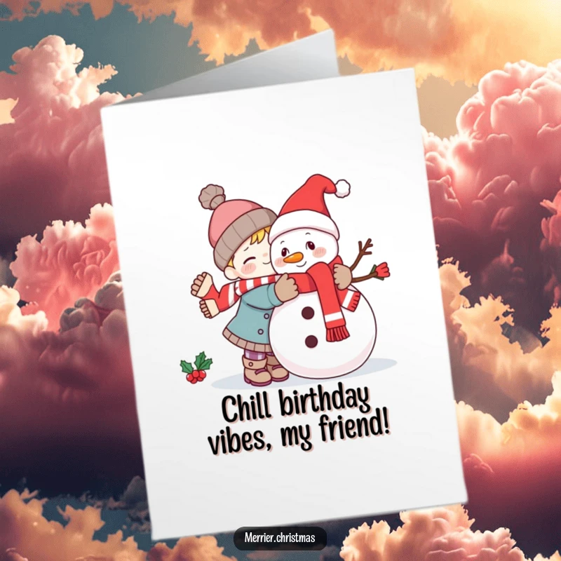 Funny Free Printable Birthday Card: Kawaii character shares a big, warm hug with a smiling festive snowman, spreading cheer.