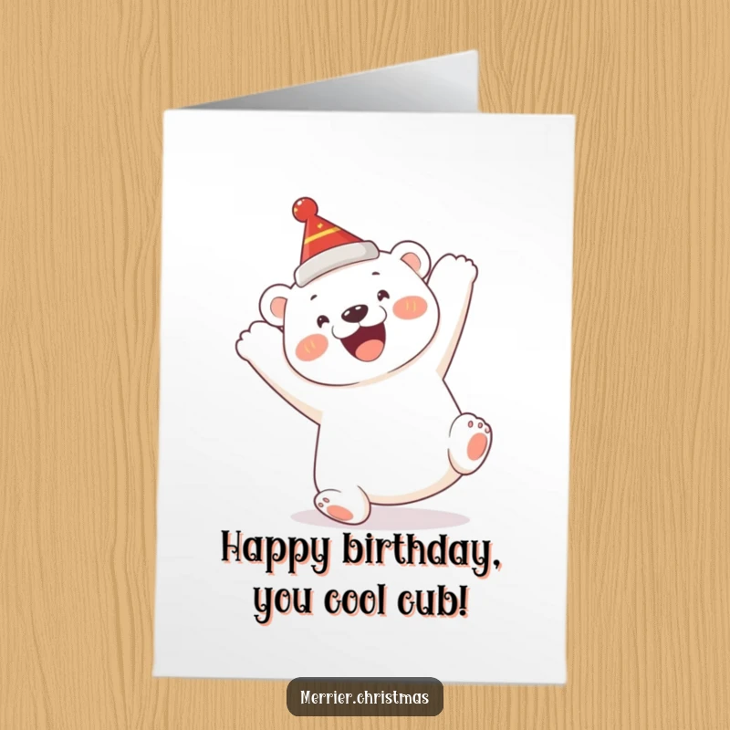 Funny Free Printable Birthday Card: Happy polar bear cub in a festive hat doing a joyful somersault.