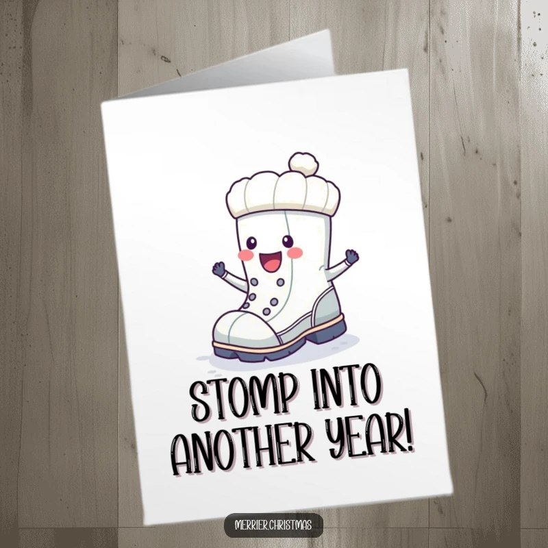 Funny Free Printable Birthday Card: A winter boot character joyfully stomping with excitement, ready to celebrate.