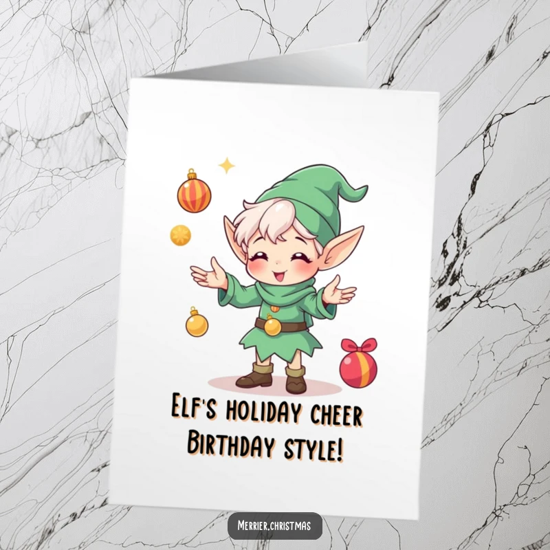 Funny Free Printable Birthday Card: Glee-filled elf energetically juggling shiny Christmas ornaments with a huge smile.