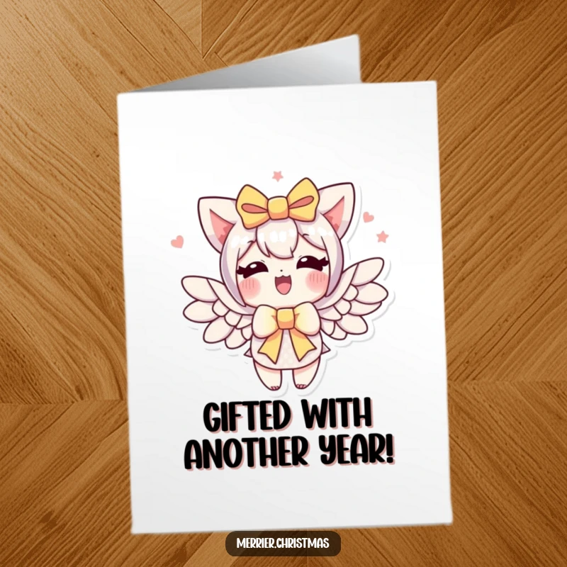 Funny Free Printable Birthday Card: A gift bow character energetically sprouting wings, ready to deliver joy.