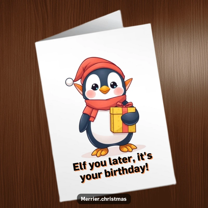 Funny Free Printable Penguin Elf Birthday Card wearing a hat, holding a gift, ready to celebrate.