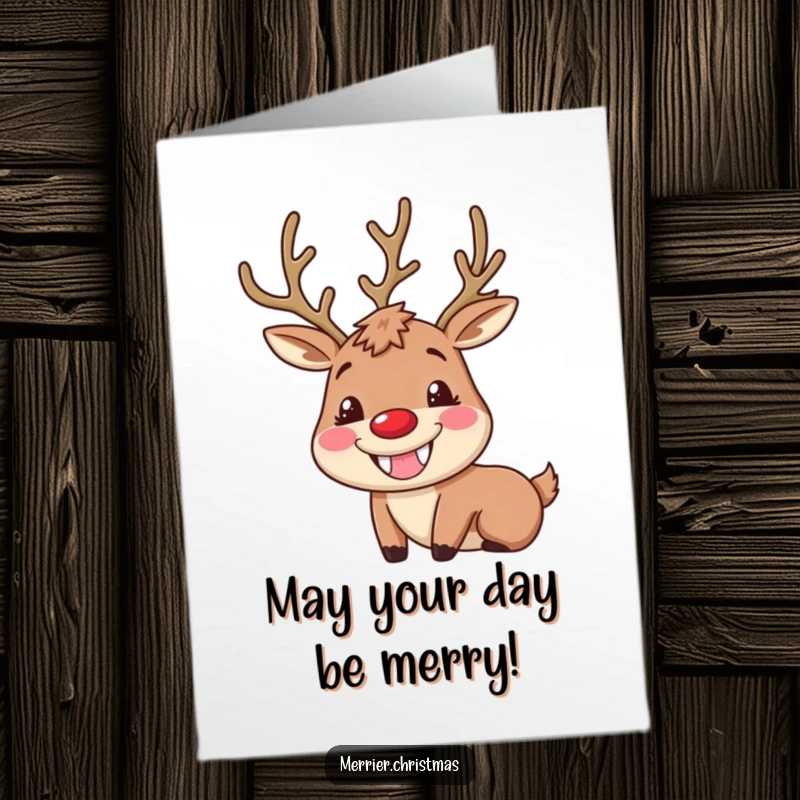 Funny free printable birthday card featuring a reindeer with a massive goofy grin and bright rosy cheeks, ready to party.