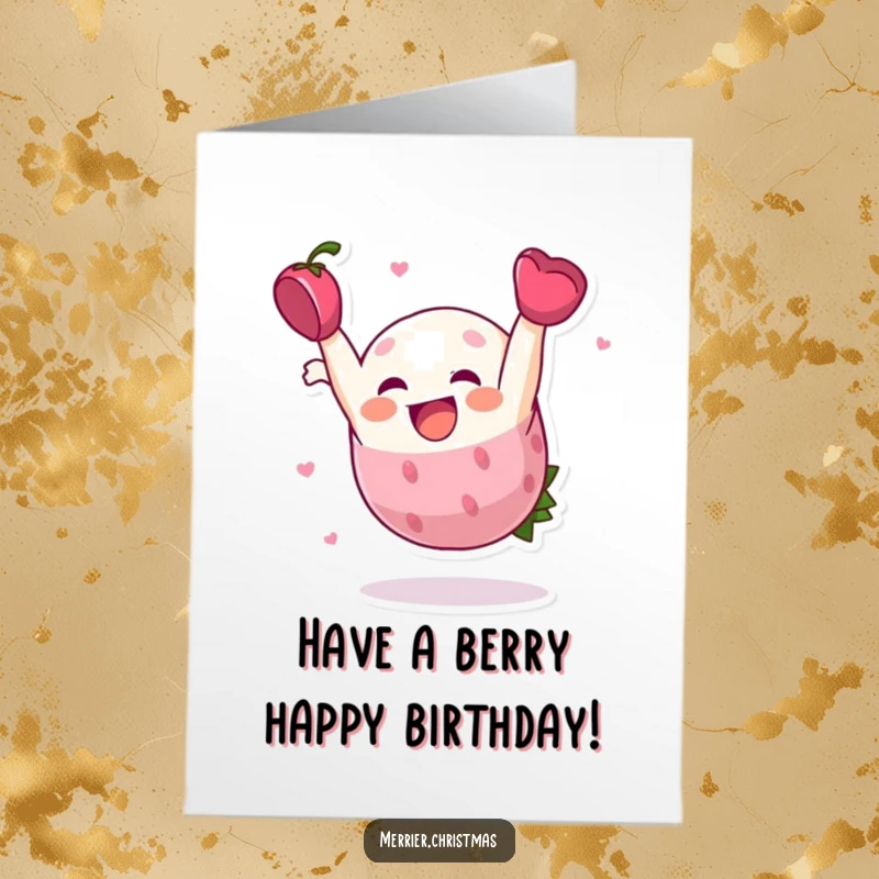 Funny Free Printable Birthday Card: Cheerful holly berry character performing a happy somersault, celebrating your special day with joy.