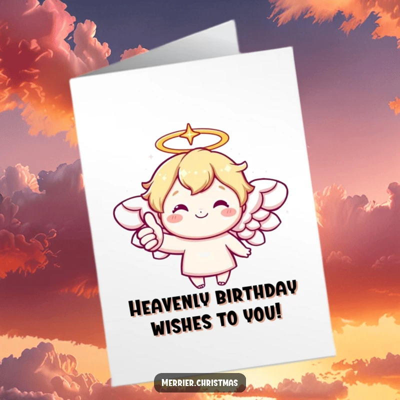 Funny Free Printable Birthday Card: Kawaii angel with a sparkling halo giving a cheerful, encouraging thumbs up.