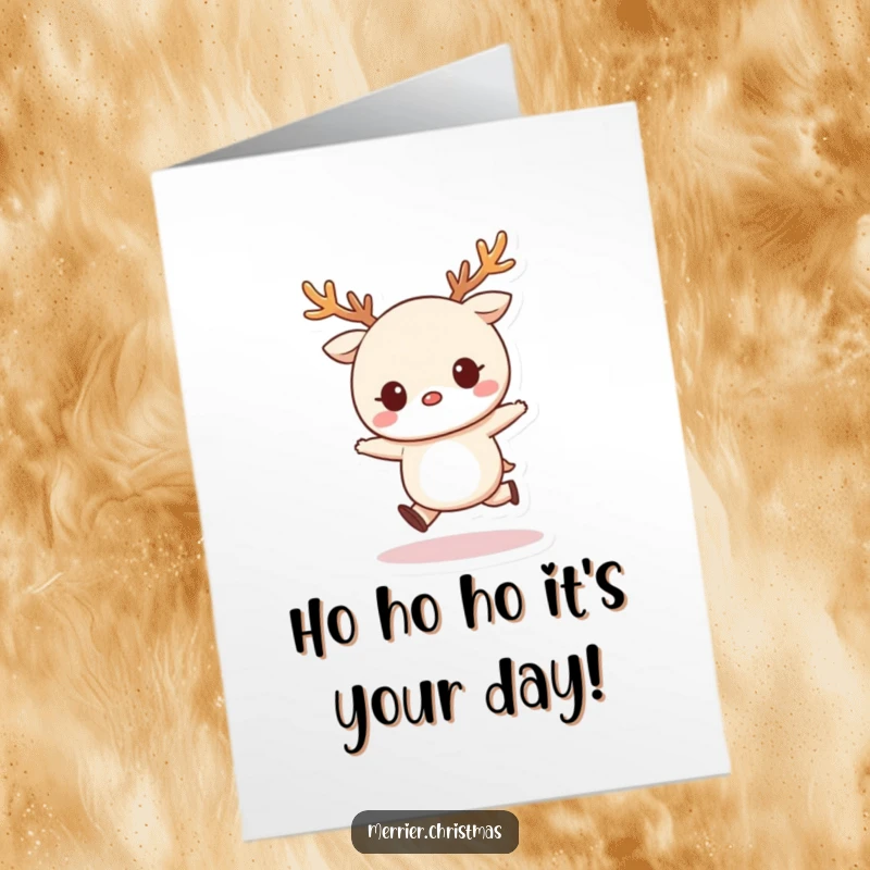 Funny Free Printable Birthday Card: Kawaii character wearing reindeer antlers, gleefully skipping, a humorous holiday-themed birthday surprise, DIY gift.
