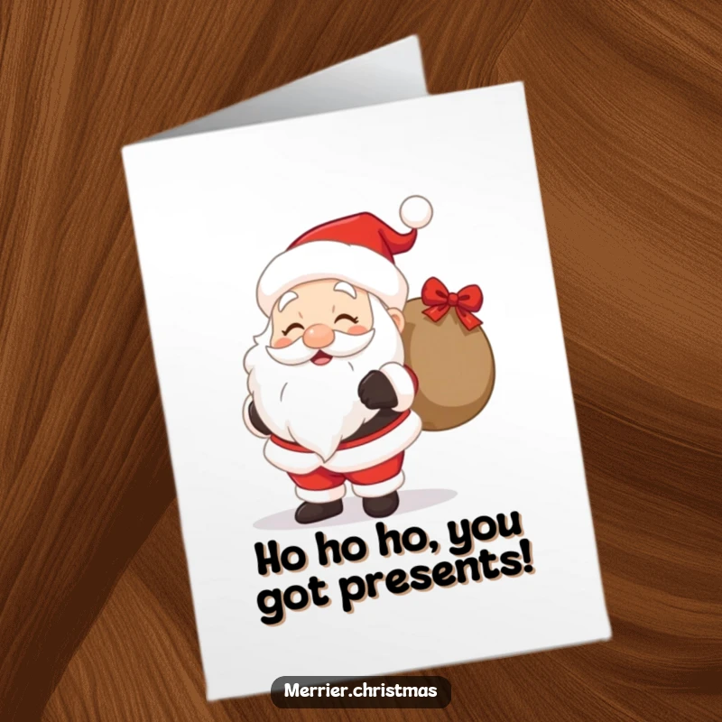 Funny Free Printable Birthday Card featuring a cute Santa Claus grinning widely and holding a sack overflowing with gifts, ready to celebrate.