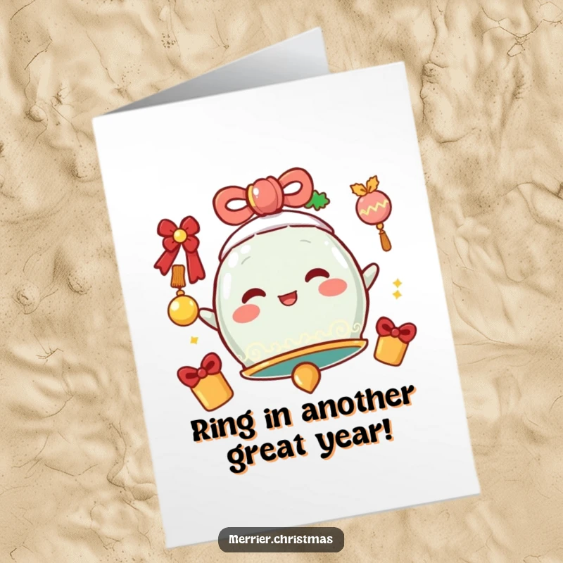 Funny free printable birthday card featuring a festive bell character ringing cheerfully, spreading jingles and joy.