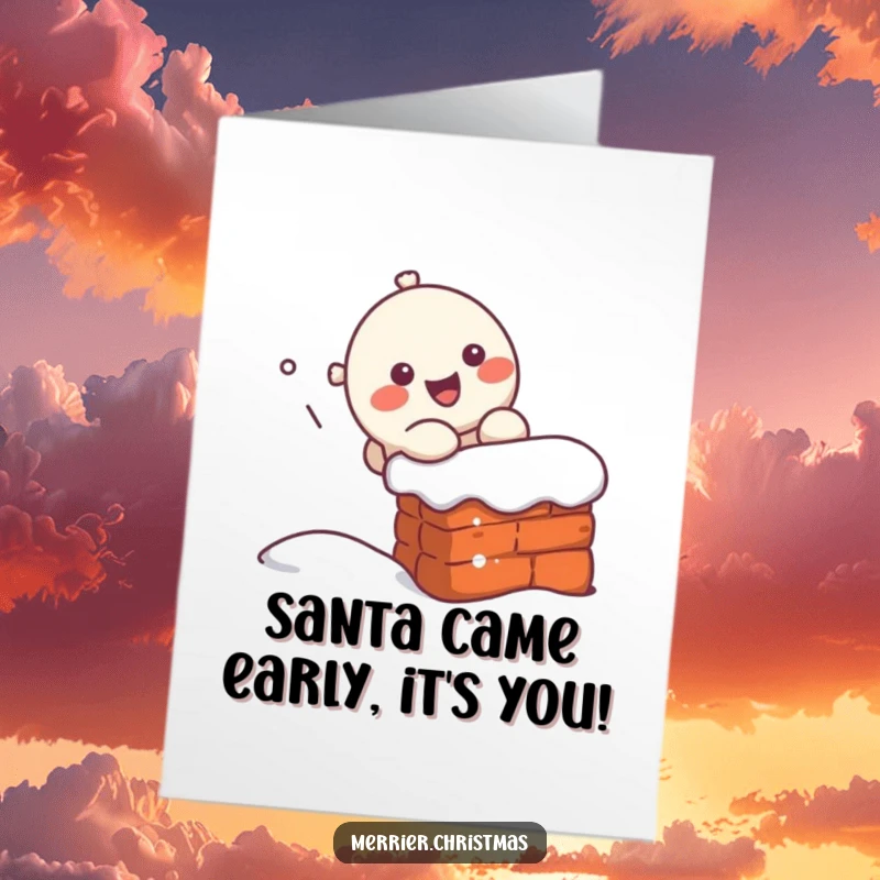 Funny Free Printable Birthday Card featuring a kawaii character gleefully sliding down a chimney, ready to deliver smiles.