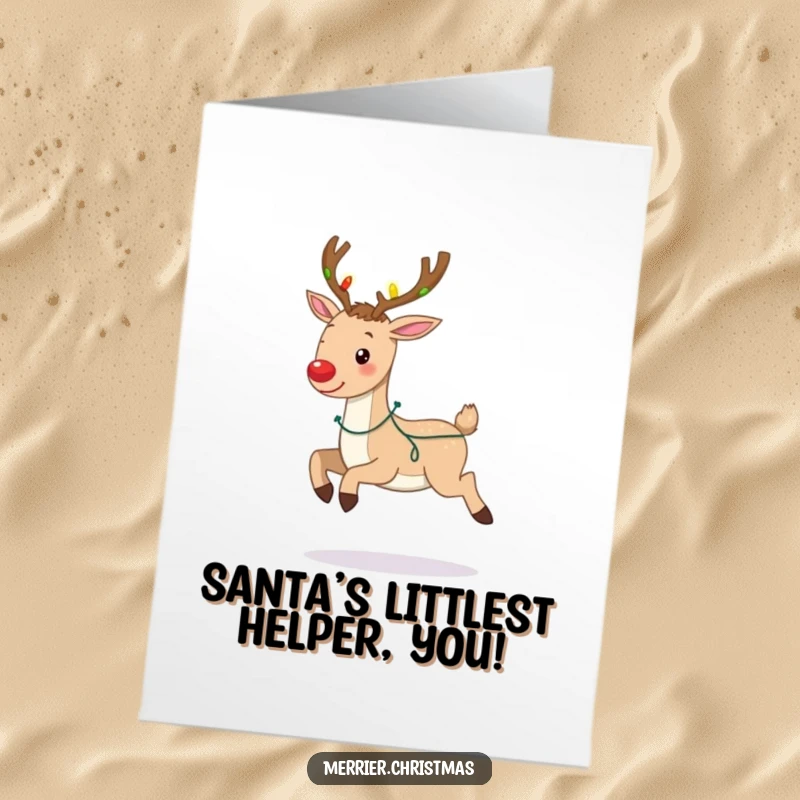 Funny Free Printable Birthday Card: A joyous reindeer prances with antlers lit up like a Christmas tree.
