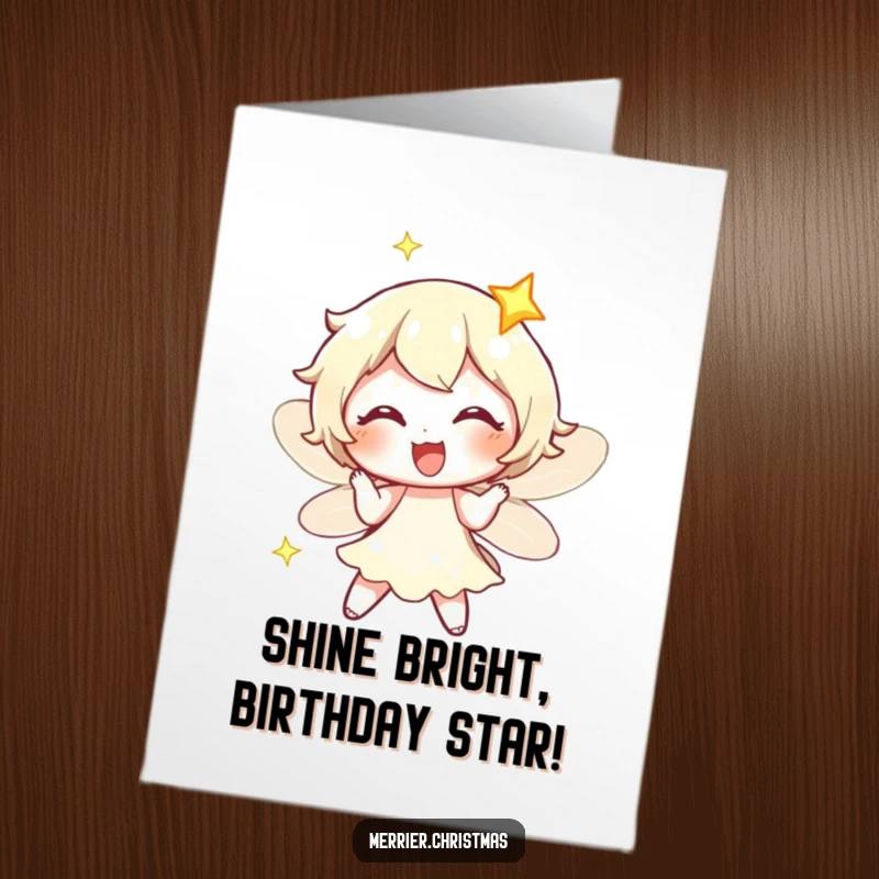 Funny Free Printable Birthday Card: A whimsical fairy light character twinkling with pure, exaggerated delight, ready to party.