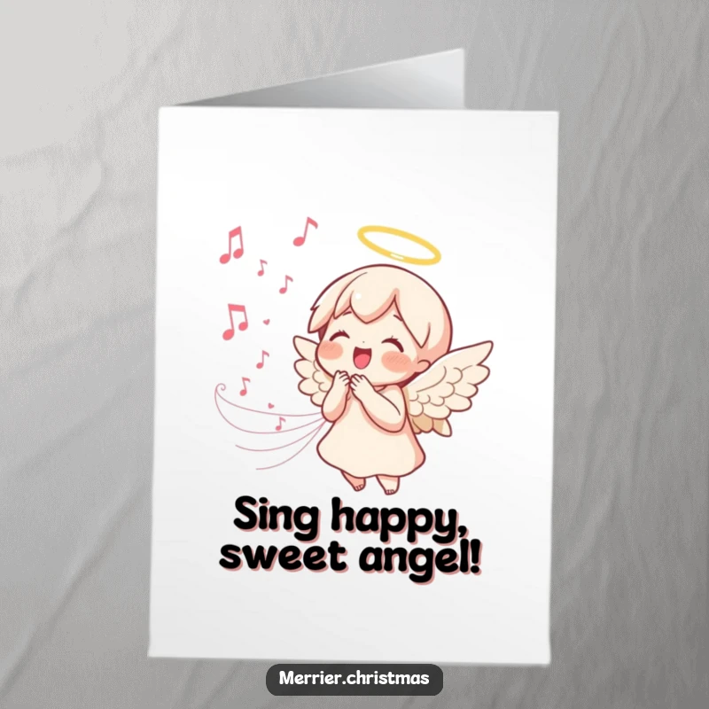 Sweet Free Printable Birthday Card: Kawaii angel singing with pure joy, surrounded by flowing musical notes, bringing melodic birthday cheer.