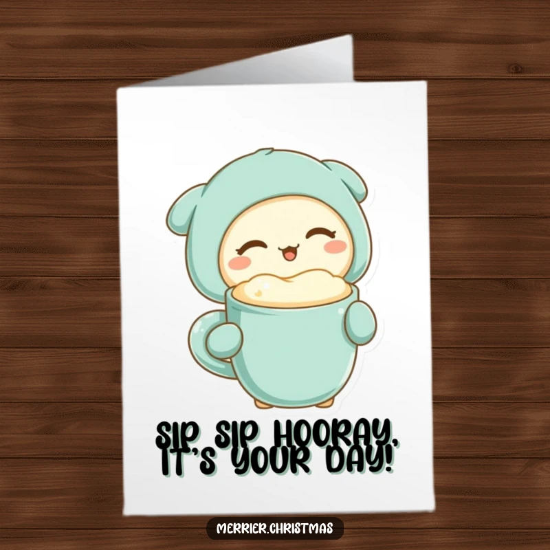 Funny Free Printable Birthday Card: A kawaii character winks playfully while holding a steaming mug of a warm, frothy beverage.