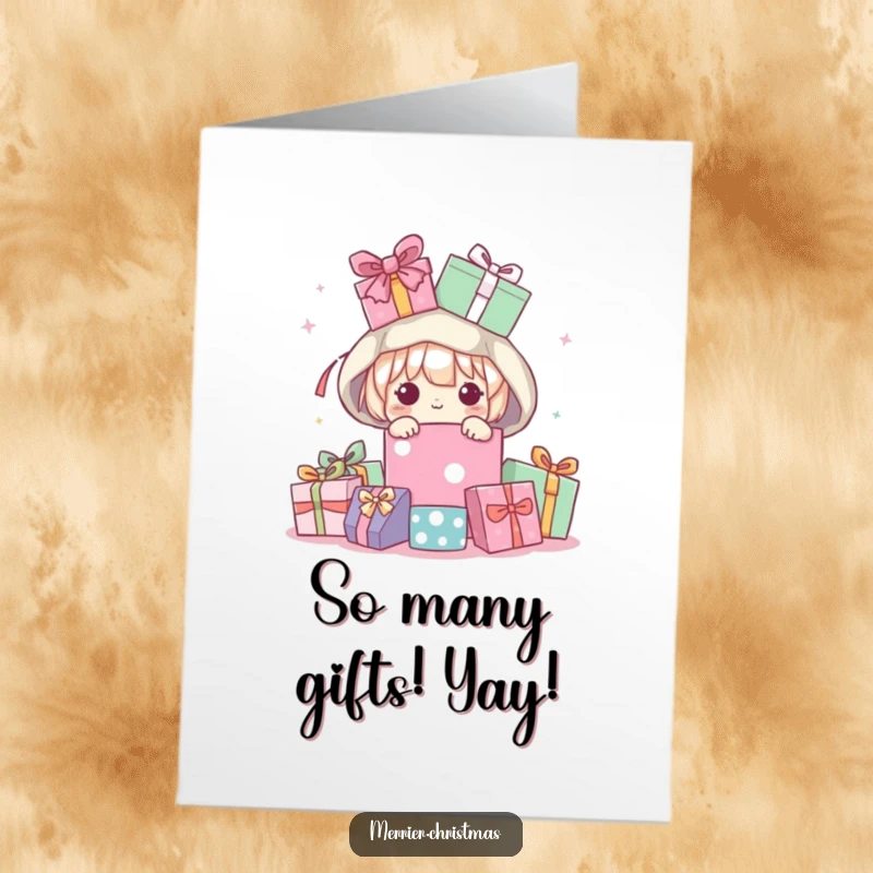 Funny Free Printable Birthday Card: Kawaii character buried under presents, peeking out shyly, perfect for a humorous DIY gift.