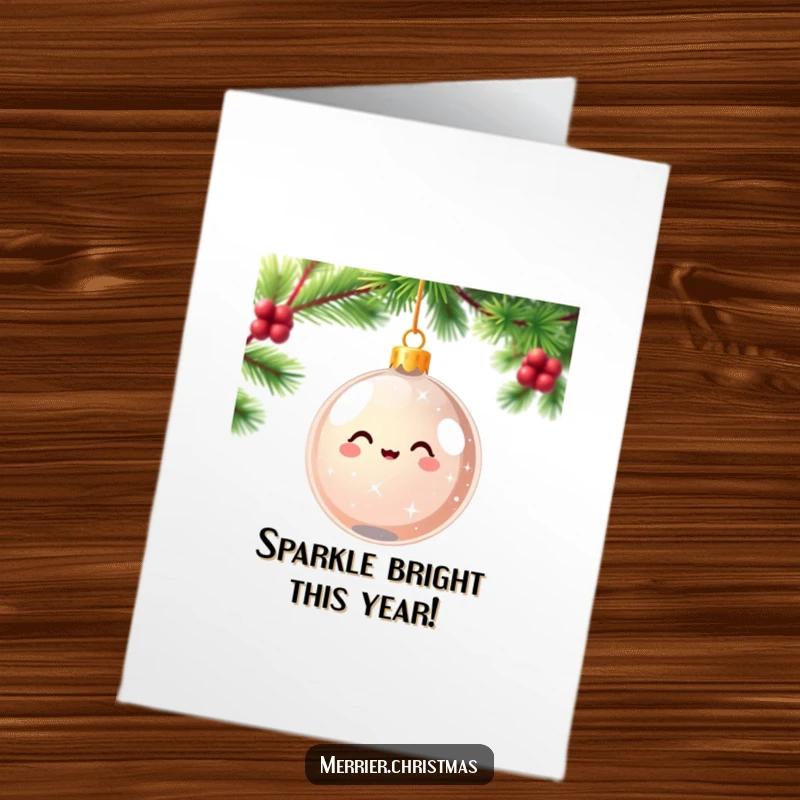 Festive Free Printable Birthday Card: Kawaii Christmas ornament sparkling and spinning with delight, bringing holiday cheer to birthdays.