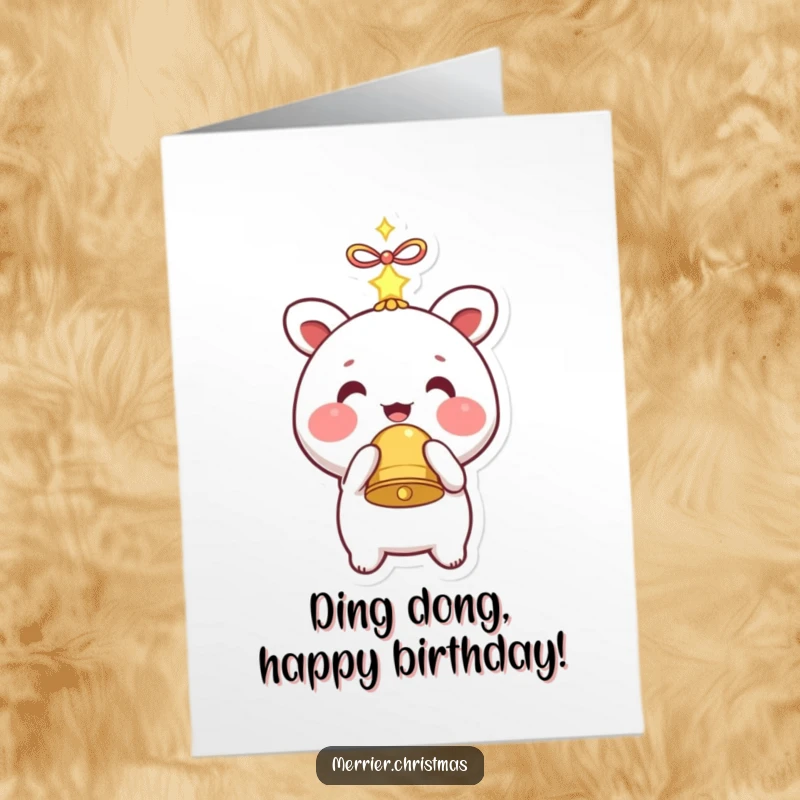 Funny Free Printable Birthday Card: Kawaii character with rosy cheeks holding a sparkling bell, a cute DIY gift.