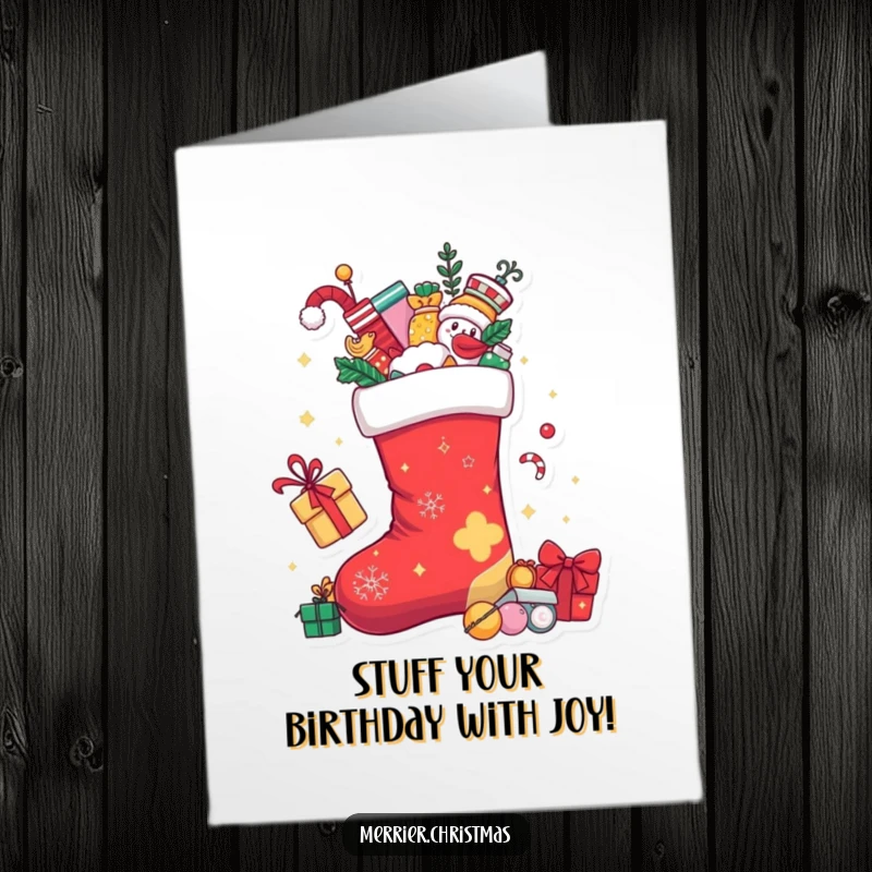 Funny Free Printable Birthday Card: A Christmas stocking character overflowing with toys and treats, radiating holiday fun.