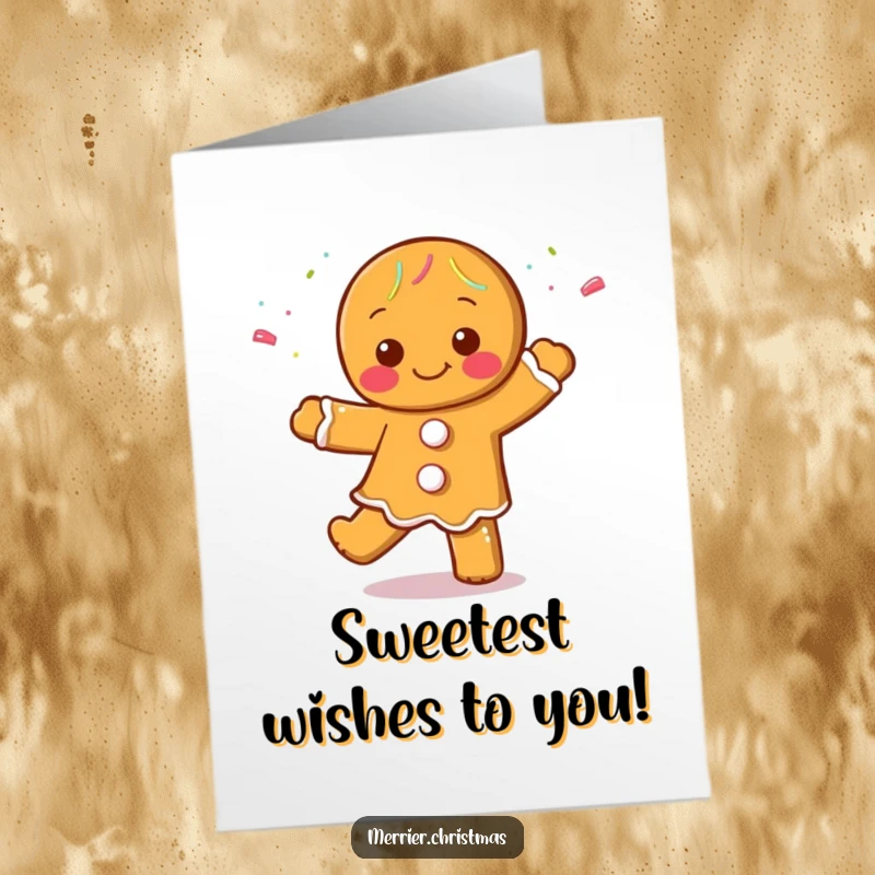 Funny free printable birthday card of a gingerbread character happily dancing, covered in colorful sprinkles, spreading festive joy.